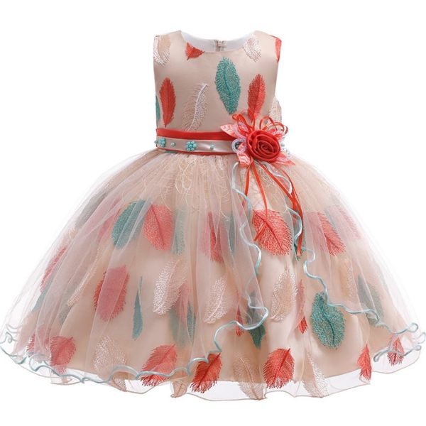 

children's party formal dress girls quality embroidered feather lace princess dress 2019 summer baby dance sweet clothing t200709, Red;yellow