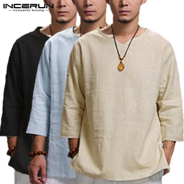 

incerun chinese style mens shirts long sleeve folded v neck plain tee shirt loose fit cotton man camisas masculina clothing y200104, White;black