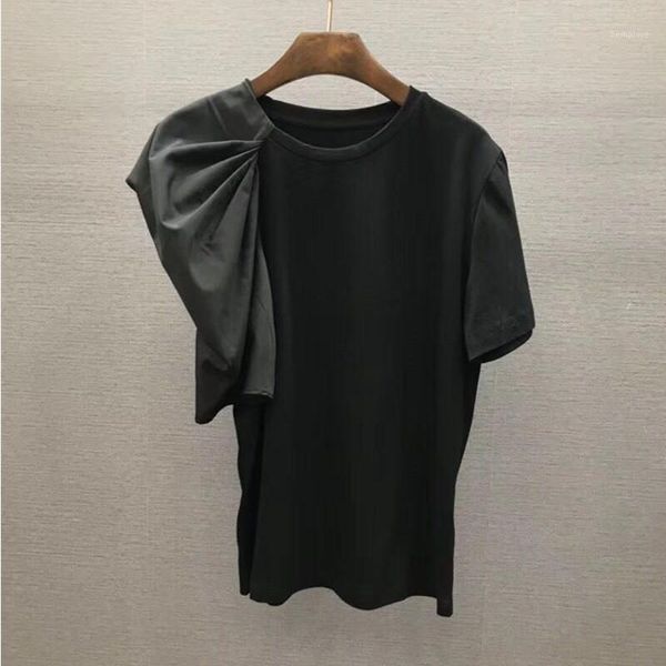 

unique design korean style asymmetric short sleeves t-shirt 2020 summer women's o neck tee girls ladies pullover a24731, White