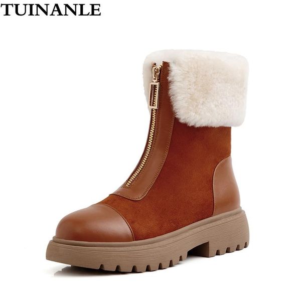 

tuinanle women boots genuine leather warm winter zipper flat with women shoes female ankle boot botas mujer ladies snow boots, Black