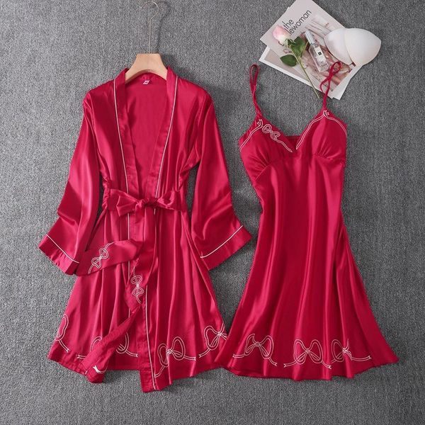 

women's sleepwear 2pcs burgundy print bow lady robe gown sets v-neck strap nightdress &bathrobe nightwear spring night suit, Black;red