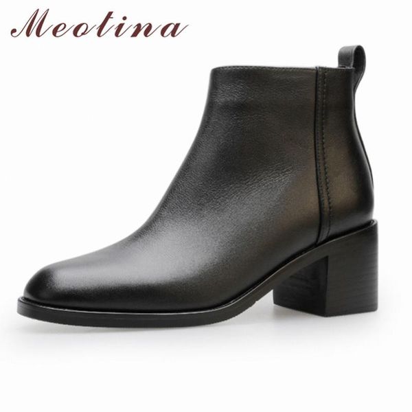 

boots meotina women ankle shoes genuine leather high heel ladies round toe zipper thick heels short autumn winter 40, Black