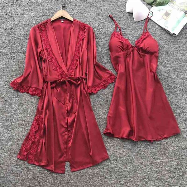 

womens lace satin soft pajama robe set femme cami nightgown silk sleepwear 2pcs nightwear with chest pads, Black;red