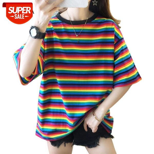 

summer women tshirt rainbow striped o-neck short sleeve female t shirt casual harajuku oversize lady t-shirt tee #uk4y, White