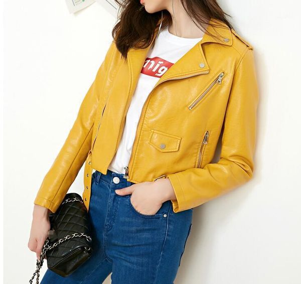 

elfstyle] - woman turmeric yellow faux leather cropped jacket lapel collar zipped front pockets hem belted long sleeves1, Black