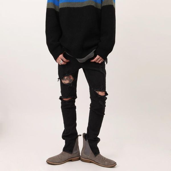 

men's jeans jeans, european and american spring autumn style, with ripped knees black slim trousers, long zipper legs for men, Blue