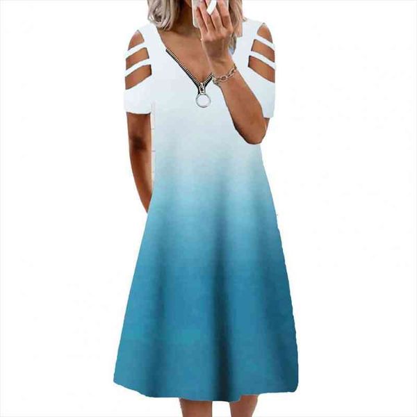 

summer woman dress midi dress midi gradient color v neck women hollow sleeve zipper for prom, Black;gray