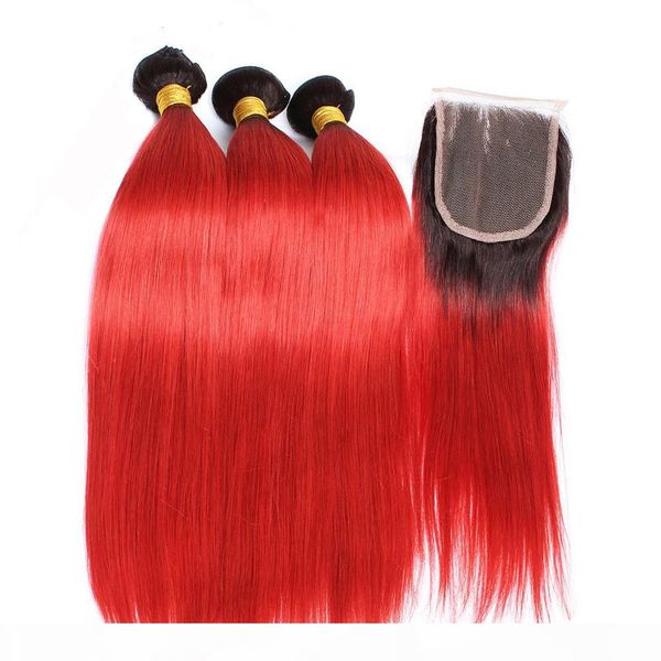 

straight 1b red ombre 4x4 lace closure with weaves 4pcs lot dark rooted ombre red virgin brazilian human hair 3bundles with closure, Black;brown