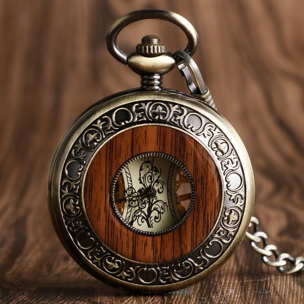 

vintage wood mechanical pocket watch roman numerals creative carving flower dial wooden watches pendant chain women men gifts t200502, Slivery;golden