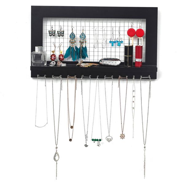 

wall-mounted wooden matte black jewelry rack home jewelry storage display rack with 16 hook grid display rack