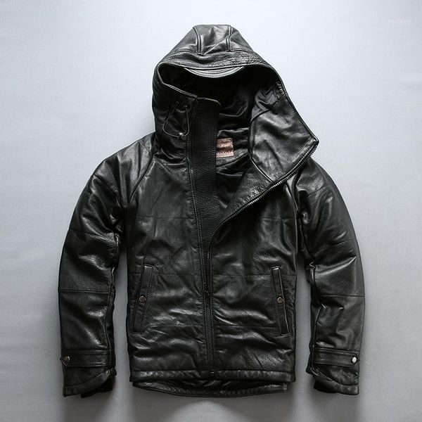 

men's genuine cow leather jacket warm 80% duck feather down hooded jacket thick cowhide brand autumn winter coat large size 4xl1, Black