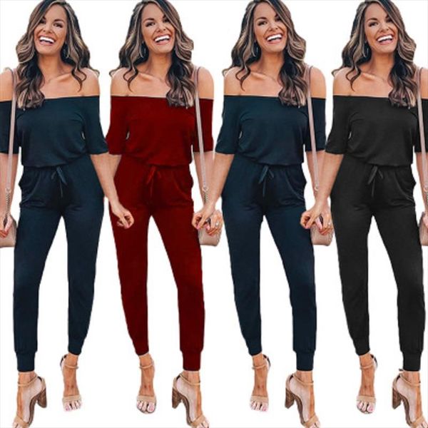 

off the shoulder jumpsuits short sleeve women long pants lace up jumpsuit streetwear big size casual jumpsuit women 2020, Black;white