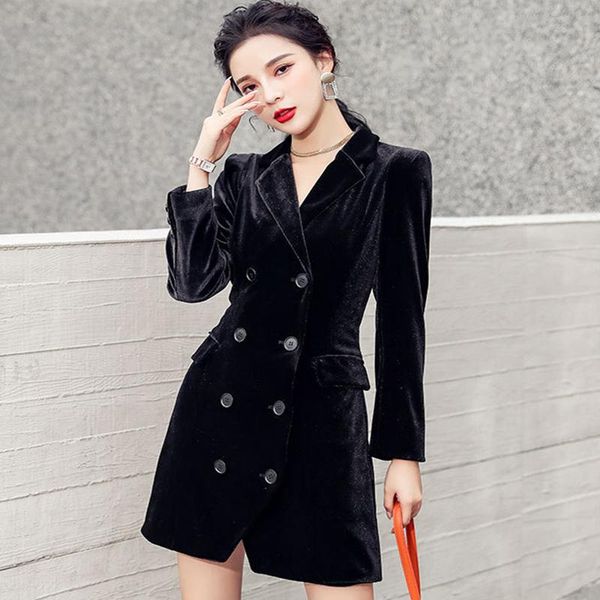 

new arrival fashion blazer women professional temperament double-breasted vintage black simple velvet wild slim long blazer, White;black