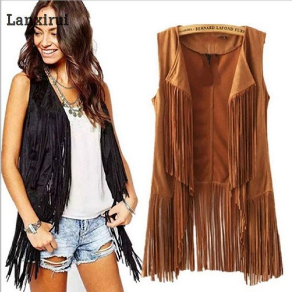 

women's vests fashion autumn winter suede leather fringe long waistcoat female colete feminino sleeveless tassel fringed vest cardigan, Black;white