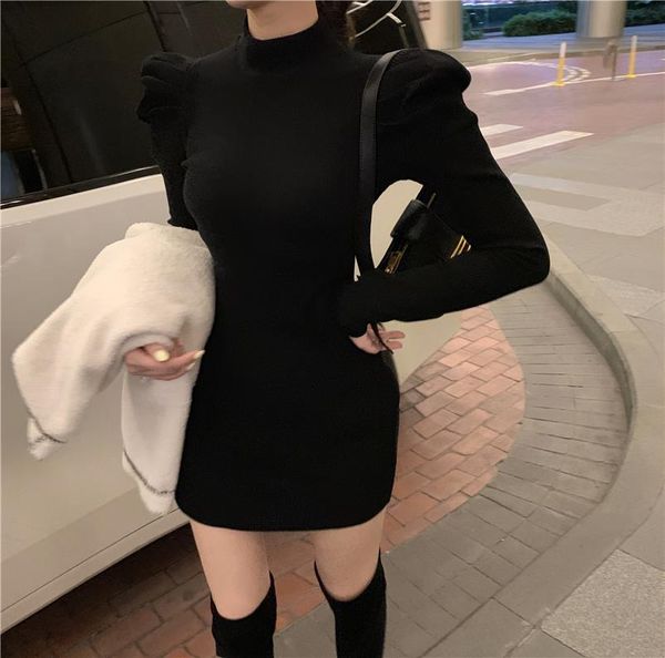 

fashion puff sleeve knitting exclusive jumper dress women autumn turtleneck mini dress vintage bodycon club party dress, Black;gray