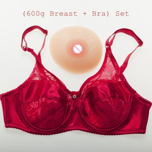 

600g/pair beige silicone boobs shemale crossdresser cd cosplay artificial breast form+lace satin pocket bra) set1, Red;black