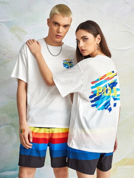 

1pc letter graphic drop shoulder tee d3wv#, White;black