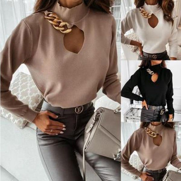 

2021 spring new selling chain decoration hollow knit bottoming shirt pullover solid color high neck slim women's top, White