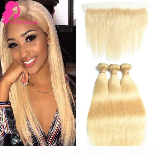 

613 blonde human hair bundles with ear to ear frontal brazilian straight hairs 3 bundles with 13x4 lace frontal closure 100% stright weave, Black;brown