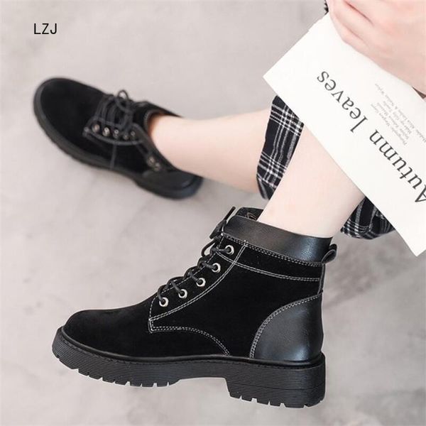 

lzj 2020 женская замша из замши из замшевой кожи martin boot зимние снежные сапоги сапоги с низким содержанием каблука плоские подошвы кругл, Black
