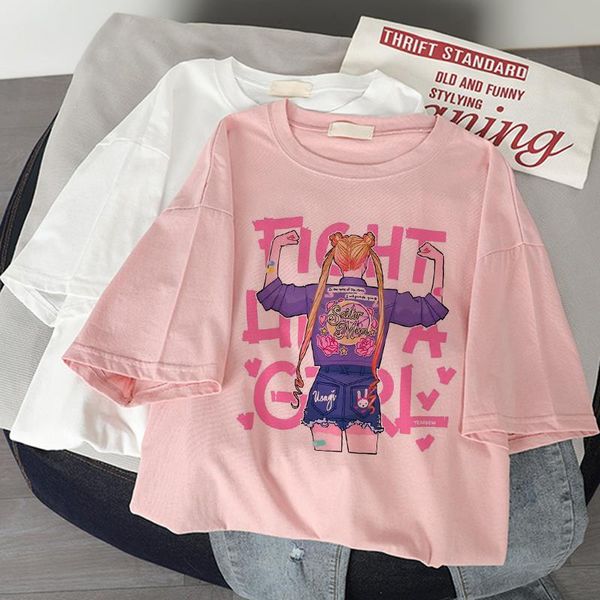 

sailor moon kawaii t-shirt 2021 sailor moon harajuku women's fashion short sleeve korean graphic cartoon women funny, White