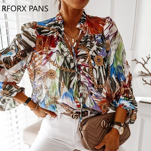 

women chains print baroque pattern lantern long sleeve tie neck shirt casual elegant blouse y200828, White