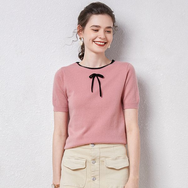 

2021 new women's knitting body 100% cashmere o-neck bow-neck short sleeve knitted tshirt super cozy warm sweater jumper winter 86na, White;black