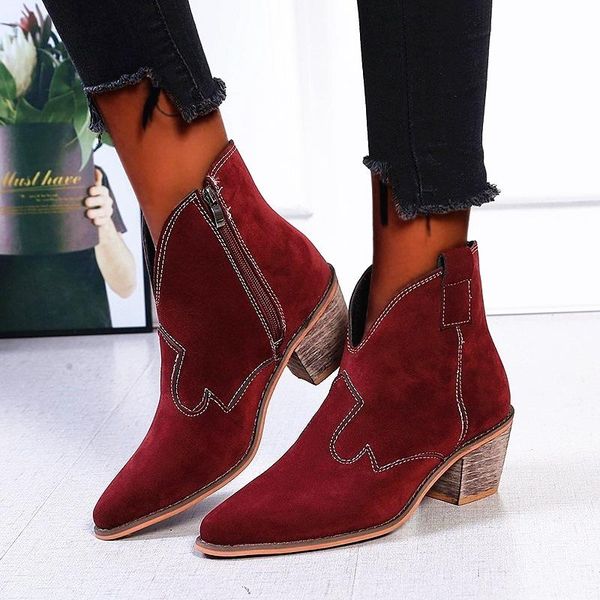 

large size shoes women boots high thick heels pointed toe ankle boots autumn winter retro solid black flock female