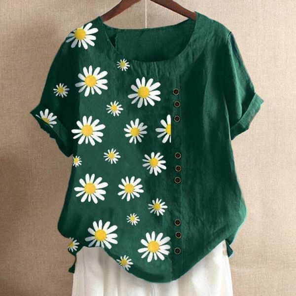 

2020 cotton linen daisy print blouse shirt casual summer short sleeve shirts elegant o neck button pullover blusa plus size1, White