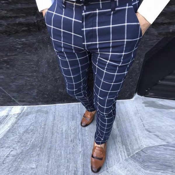

формальные мужские брюки к клетку slim fit business повседневные карандашные брюки мода офис работы мужская тощая кнопка длинные брюки m-3xl, Black