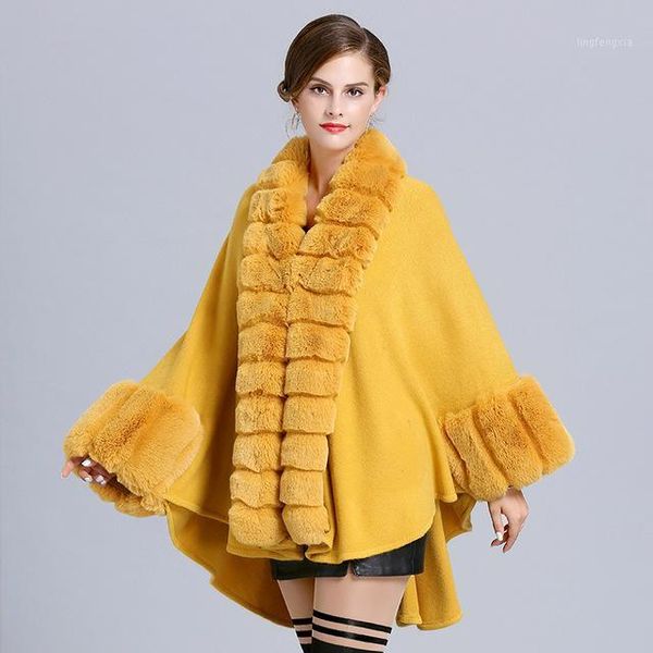 

2020 winter europenew oversize loose imitation fur collar knit coat female bat sleeve cardigan shawl cloak jackets f2051, Black