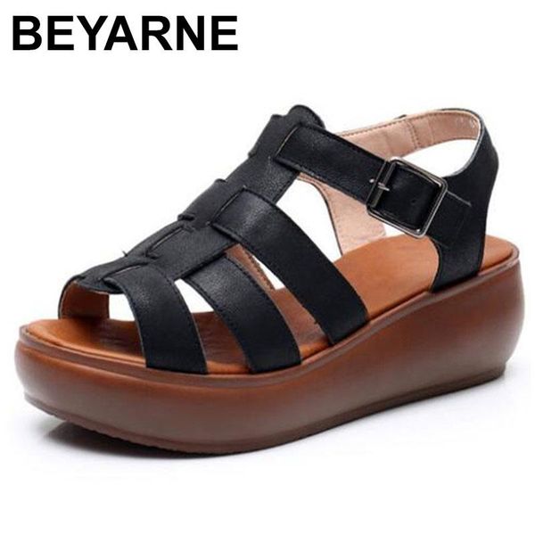 

beyarne 2021 gladiator genuine leather sandals for women wedge sandals ladies high heel casual platform summer shoes, Black