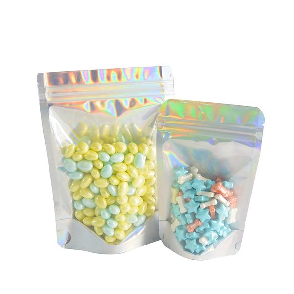 

high-grade resealable smell proof bags foil pouch flat laser color packaging bag for party favor food storage holographic color