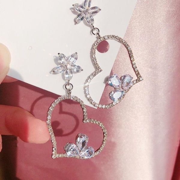 

mengjiqiao korean new luxury rhinestone hollow heart drop earrings mujer moda bijoux crystal flower brincos pendientes jewelry1, Silver