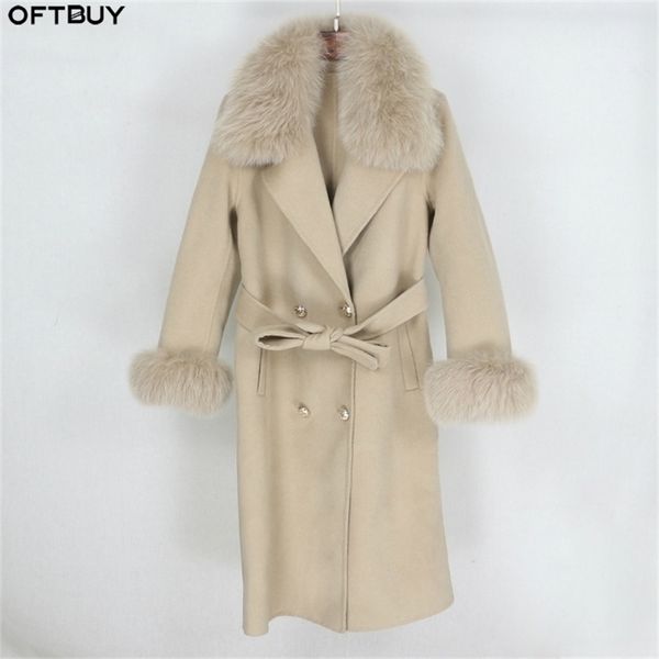 Oftbuy Kruvaze Kaşmir Yün Karışımları Gerçek Kürk Kış Ceket Kadın Doğal Fox Kürk Yaka Ve Manşetleri Streetwear 201218