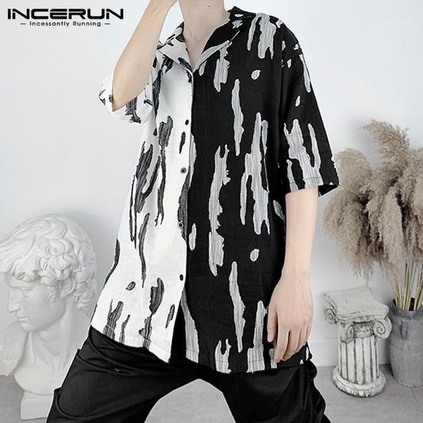 

2020 summer man ethnic lapel short sleeve shirts men patchwork vintage shirts man black and white button up chic streetwear 1, White;black