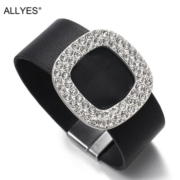 

allyes simple black leather rhinestone charms bracelets for women wide wrap bracelet party statement jewelry gifts, Golden;silver