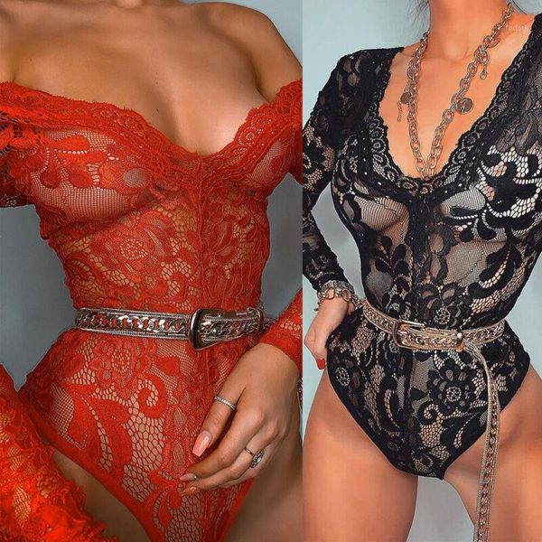 

women lace casual long sleeve floral body suit jumpsuit romper jumper leotard mesh, Black;white