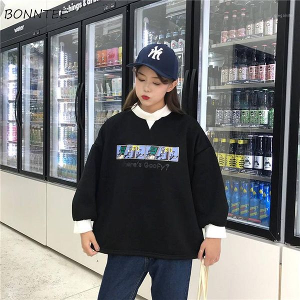 

hoodies women print pullovers lantern sleeve autumn winter trendy korean style simple casual kawaii womens clothing1, Black