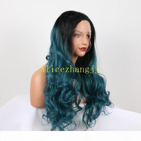 

ombre green hair synthetic lace front wigs loose wave wigs green color with dark root heat resistant, Black