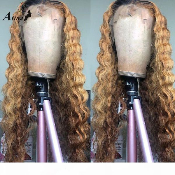 

ombre colored brown loose deep part wave human hair wig pre plucked bleach knots remy hd transparent lace wig closure, Black;brown
