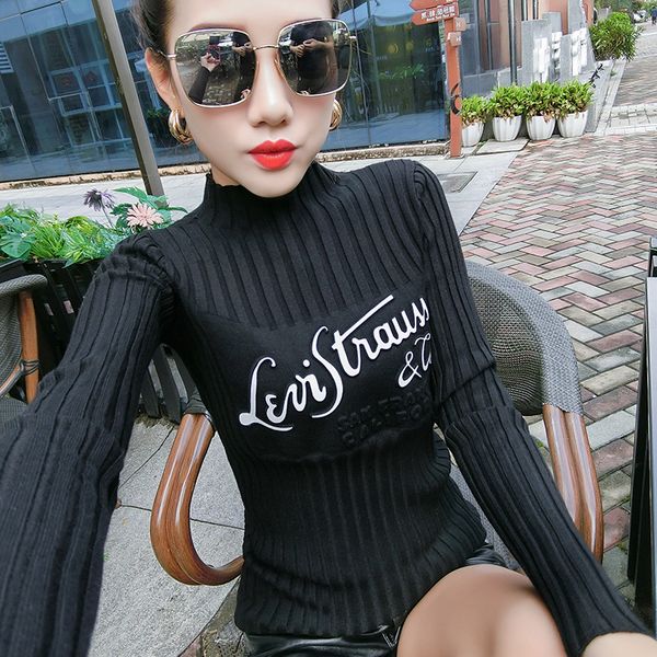 

korean fashion print letter pullover sweater autumn winter clothes women knitted sueter mujer bottoming shirt lj201127, White;black