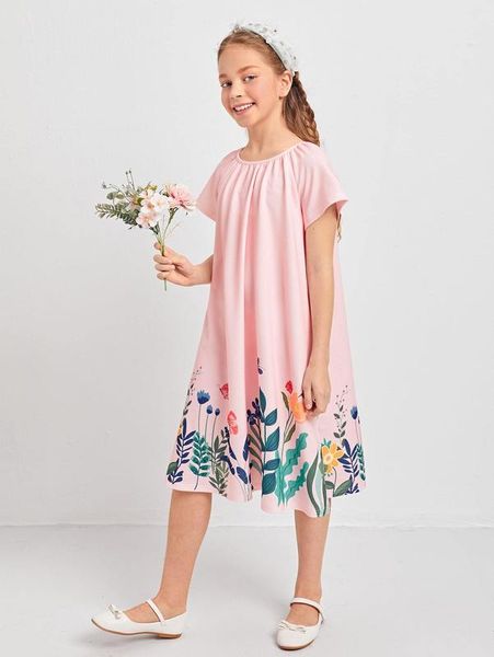 

girls floral print tee dress she, Red;yellow