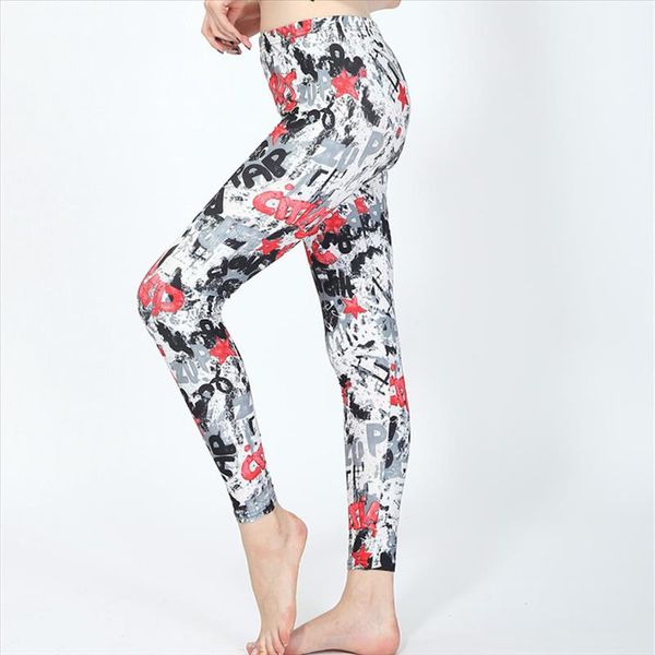 

new 2021 leggings women graffiti and letter print casual elastic leggings milk silk soft fitness calzas mujer leggins, Black