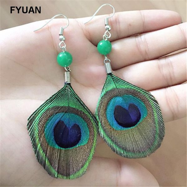 

selling vintage ethnic bohemia colorful peacock feathers long drop earrings for women girl jewelry accessories, Silver
