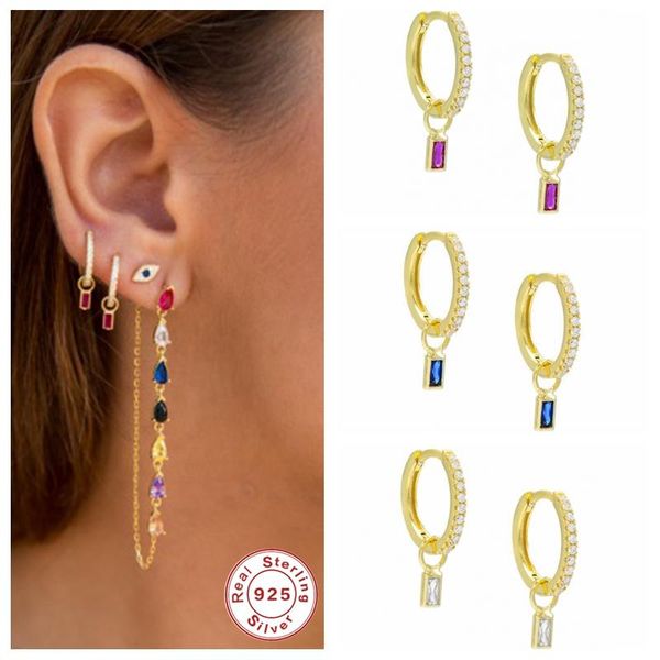 

925 sterling silver pendientes piercing earring bling rectangle colorful zircon hoop earring for ladies woman gift fine jewelry, Golden;silver