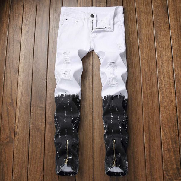 

hoo 2020 men's casual printed zipper two-color jeans youth hole color matching denim trousers, Blue