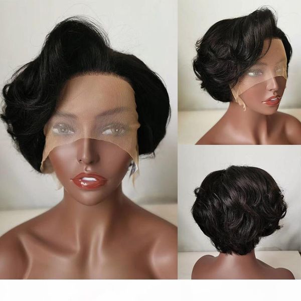 

dreamdiana brazilian short wavy lace front wigs 150 density glueless 13x4 4x4 front lace wig 8" bob 100% remy human hair wigs m, Black;brown