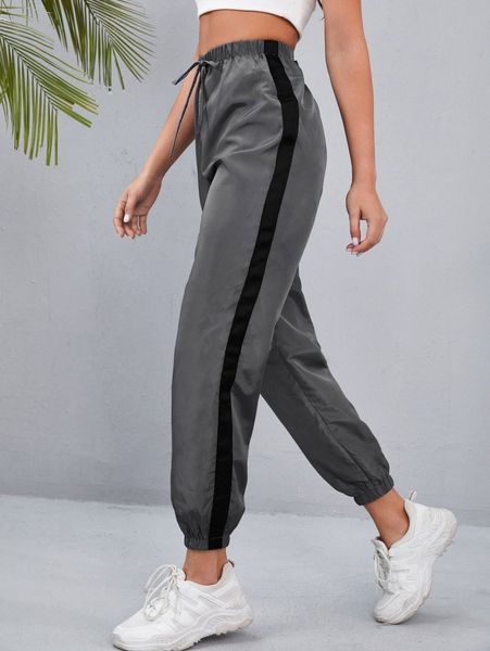 

drawstring waist contrast binding pants o6ga#, Black;white