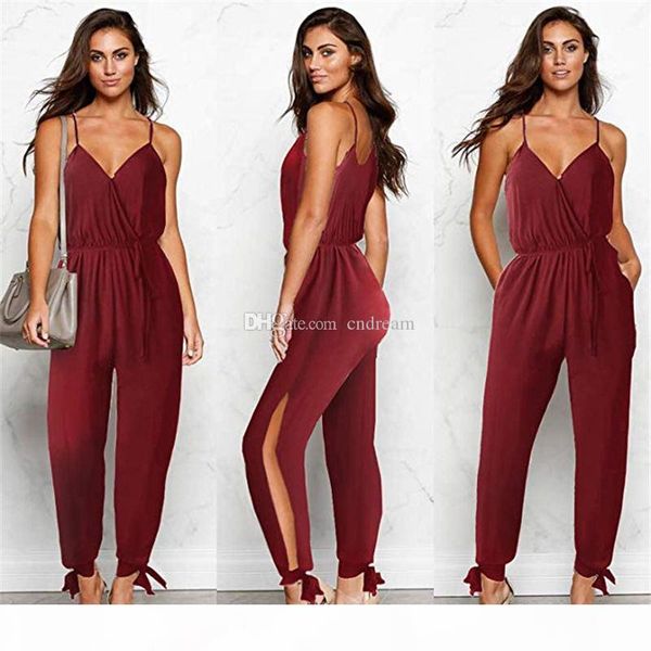 

waist tie jumpsuit v neck backless camis siamese trouses bow split jogger pants summer women clothes will and sandy floral black red, Black;white